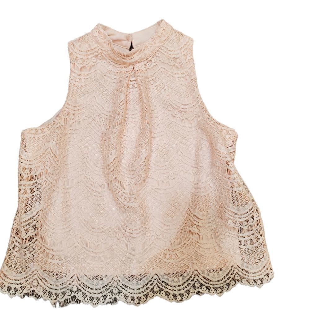 Coquette Blush Pink Lace Tank Top Small Romantic Mock Neck Scalloped Hem